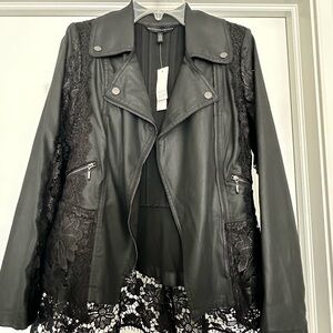 White House Black Market Black Lace-Trimmed Women's Faux Leather Jacket